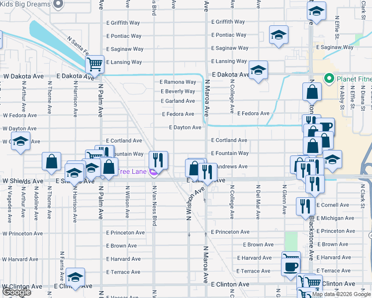 map of restaurants, bars, coffee shops, grocery stores, and more near 711 East Fountain Way in Fresno