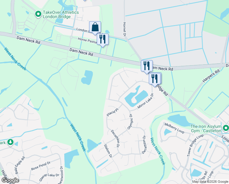 map of restaurants, bars, coffee shops, grocery stores, and more near 2461 Enchanted Forest Lane in Virginia Beach