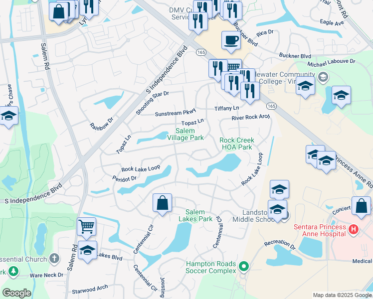 map of restaurants, bars, coffee shops, grocery stores, and more near 1953 Rock Lake Loop in Virginia Beach