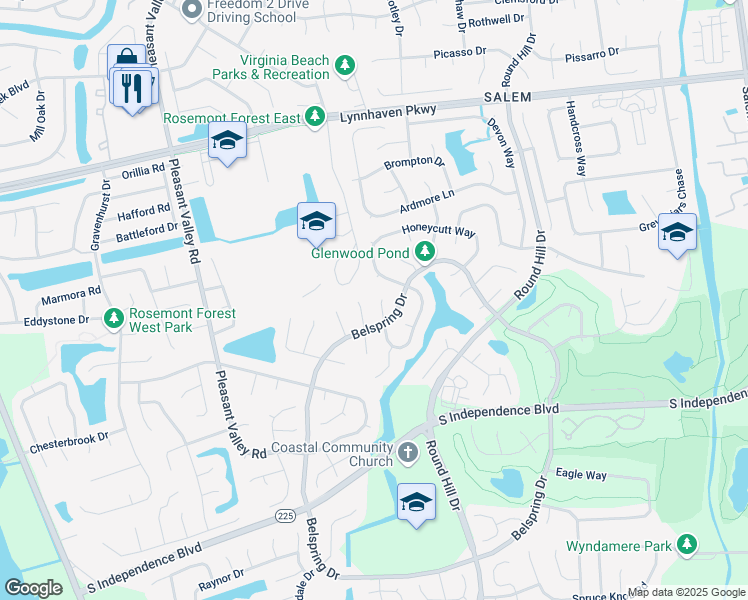 map of restaurants, bars, coffee shops, grocery stores, and more near 1912 Stanhope Court in Virginia Beach