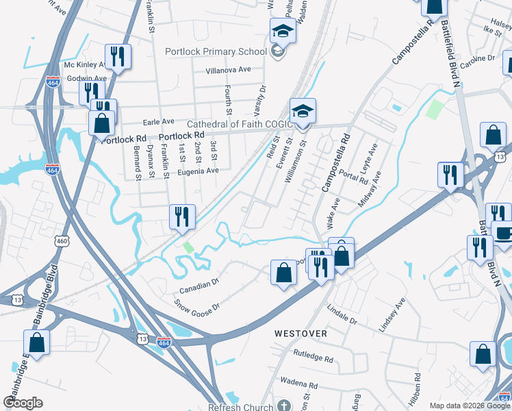 map of restaurants, bars, coffee shops, grocery stores, and more near 2000 Linster Street in Chesapeake
