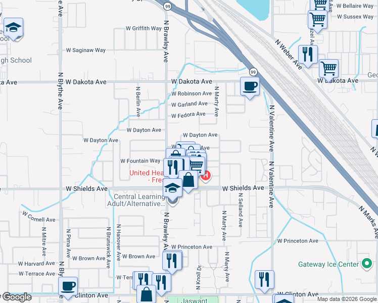 map of restaurants, bars, coffee shops, grocery stores, and more near 3715 W Cortland Ave in Fresno