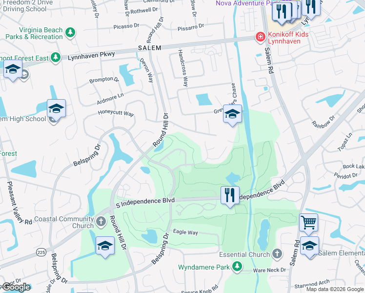 map of restaurants, bars, coffee shops, grocery stores, and more near 1956 Ashmont Drive in Virginia Beach