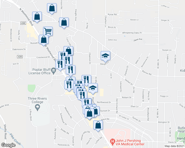 map of restaurants, bars, coffee shops, grocery stores, and more near 2300 Channon Drive in Poplar Bluff