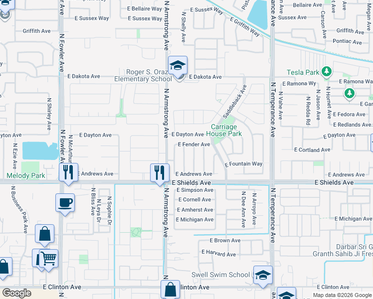 map of restaurants, bars, coffee shops, grocery stores, and more near 3144 North Shelly Avenue in Fresno