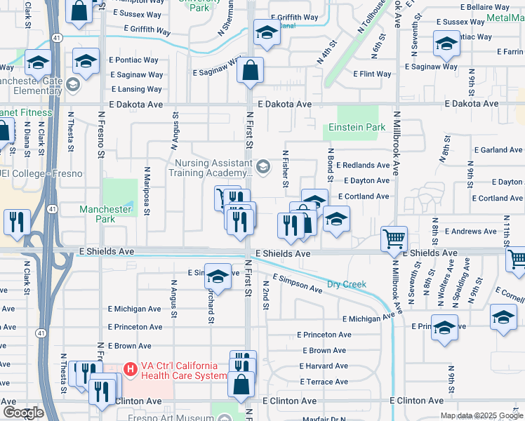 map of restaurants, bars, coffee shops, grocery stores, and more near 3420 North First Street in Fresno