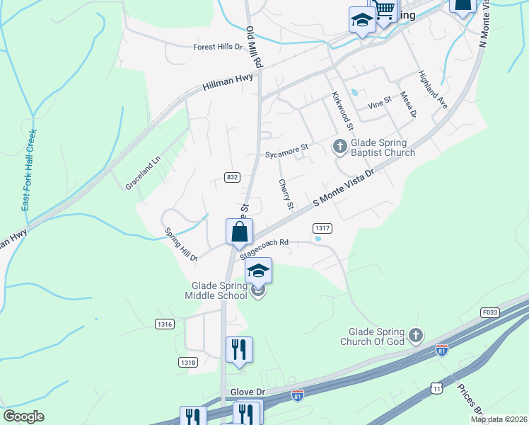 map of restaurants, bars, coffee shops, grocery stores, and more near 431 Maple Street in Glade Spring