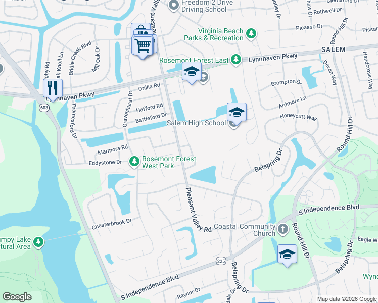 map of restaurants, bars, coffee shops, grocery stores, and more near 1200 Sydenham Court in Virginia Beach