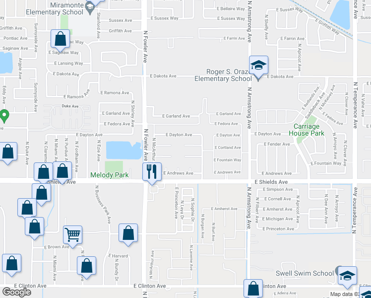 map of restaurants, bars, coffee shops, grocery stores, and more near 6137 East Cortland Avenue in Fresno