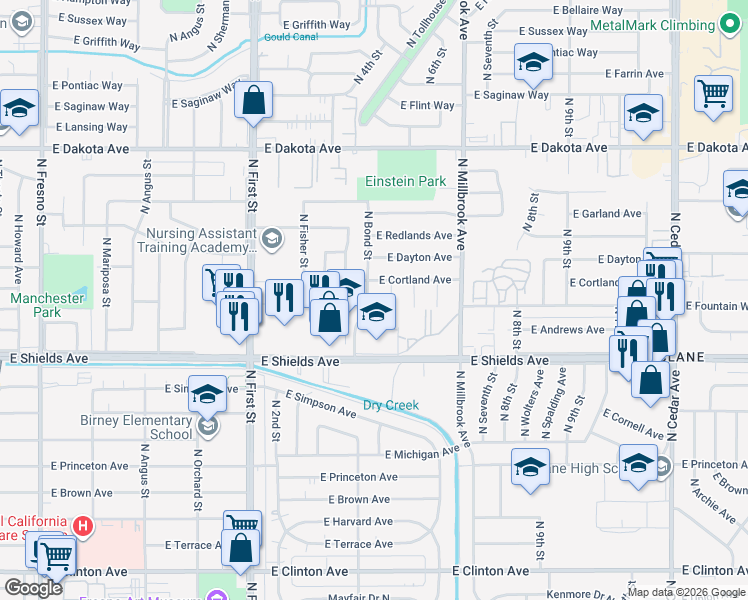 map of restaurants, bars, coffee shops, grocery stores, and more near 3414 North Bond Street in Fresno