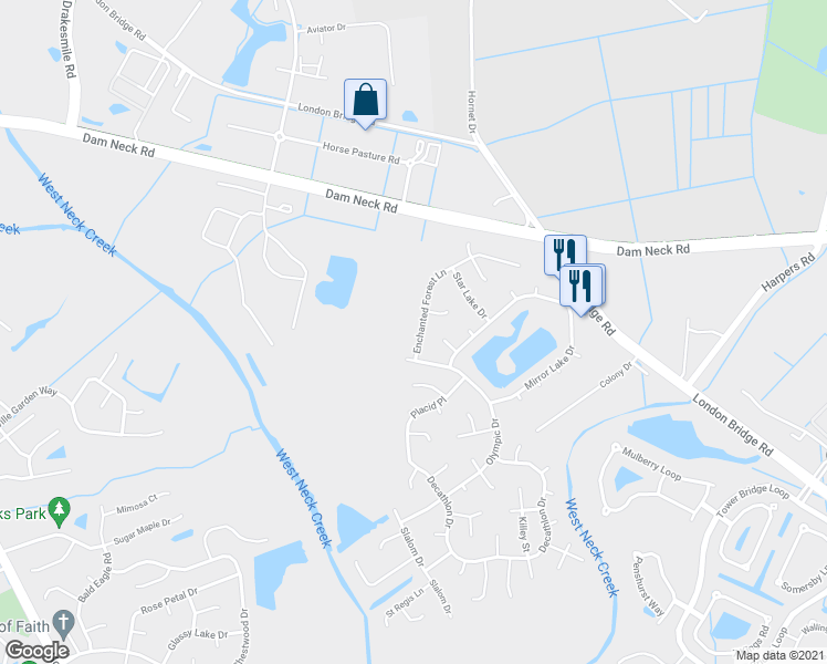 map of restaurants, bars, coffee shops, grocery stores, and more near 2456 Enchanted Forest Lane in Virginia Beach