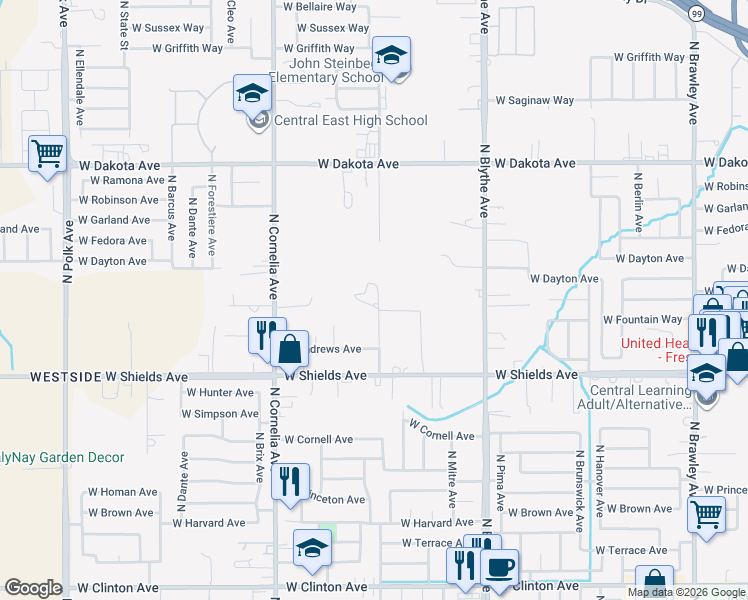 map of restaurants, bars, coffee shops, grocery stores, and more near 3125 North Milburn Avenue in Fresno