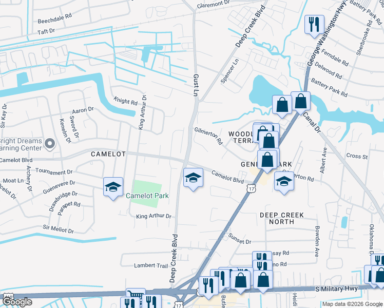 map of restaurants, bars, coffee shops, grocery stores, and more near 1117 Deep Creek Boulevard in Chesapeake