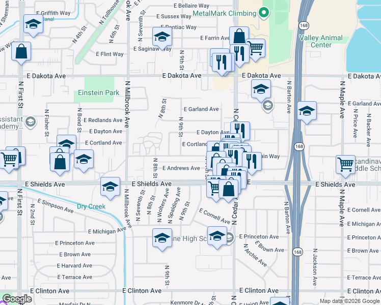 map of restaurants, bars, coffee shops, grocery stores, and more near 3913 East Fountain Way in Fresno