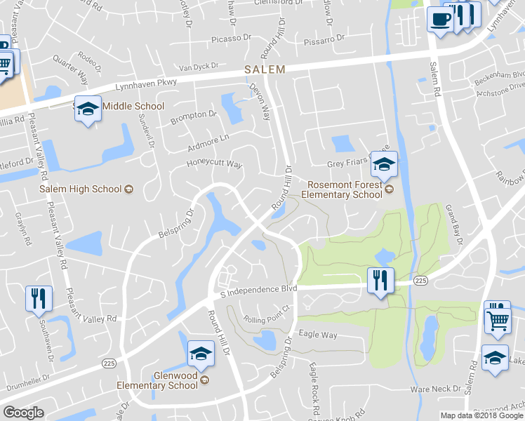 map of restaurants, bars, coffee shops, grocery stores, and more near 989 Blanding Court in Virginia Beach