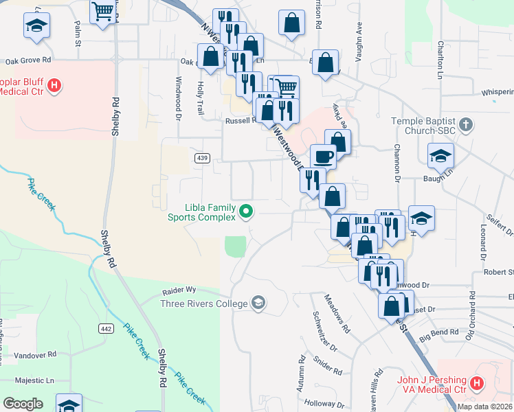 map of restaurants, bars, coffee shops, grocery stores, and more near 2520 Valley Crest in Poplar Bluff