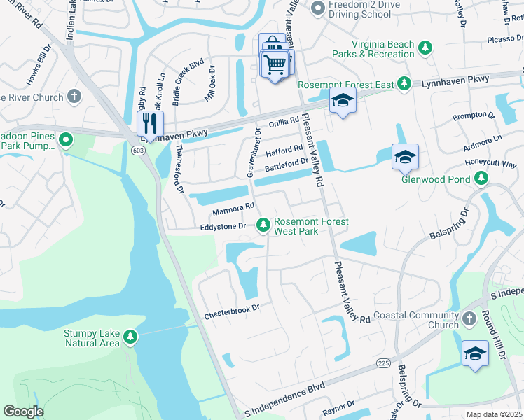map of restaurants, bars, coffee shops, grocery stores, and more near 1816 Gravenhurst Drive in Virginia Beach