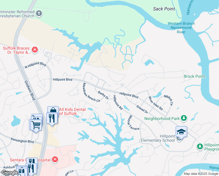 map of restaurants, bars, coffee shops, grocery stores, and more near 602 Melrose Court in Suffolk
