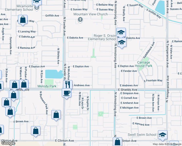 map of restaurants, bars, coffee shops, grocery stores, and more near 6233 East Cortland Avenue in Fresno