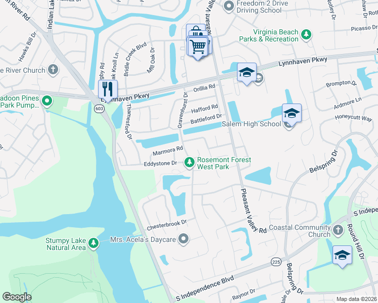 map of restaurants, bars, coffee shops, grocery stores, and more near 1332 Gravenhurst Circle in Virginia Beach