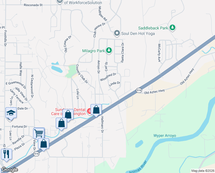 map of restaurants, bars, coffee shops, grocery stores, and more near 5702 Arroyo Drive in Farmington