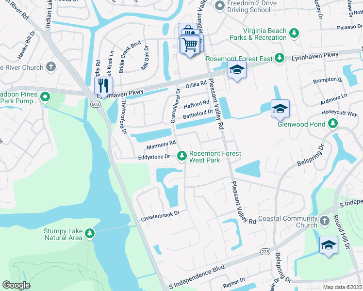 map of restaurants, bars, coffee shops, grocery stores, and more near 1816 Gravenhurst Drive in Virginia Beach