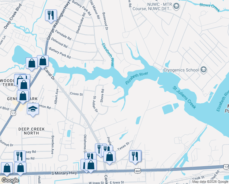 map of restaurants, bars, coffee shops, grocery stores, and more near 2000 Athens Court in Chesapeake