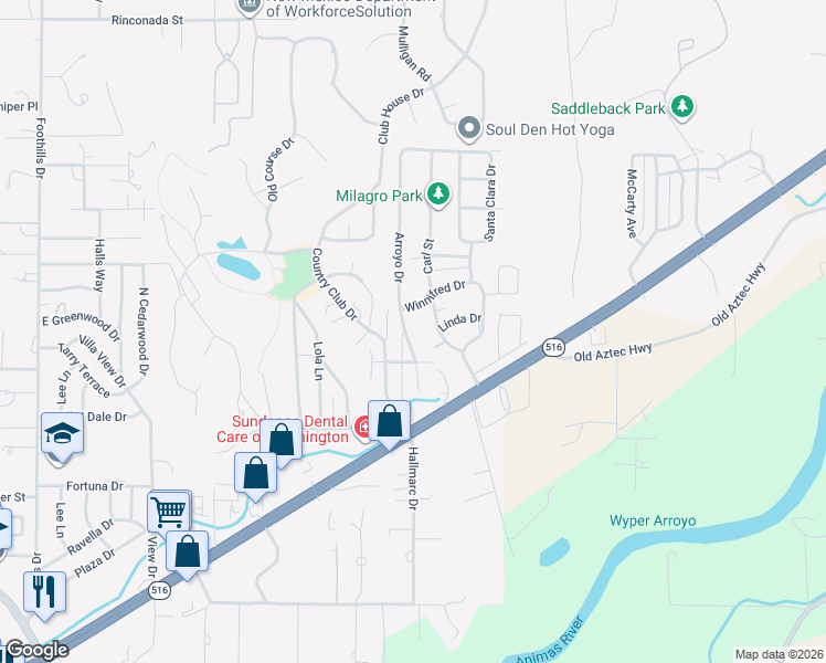 map of restaurants, bars, coffee shops, grocery stores, and more near 5702 Arroyo Drive in Farmington