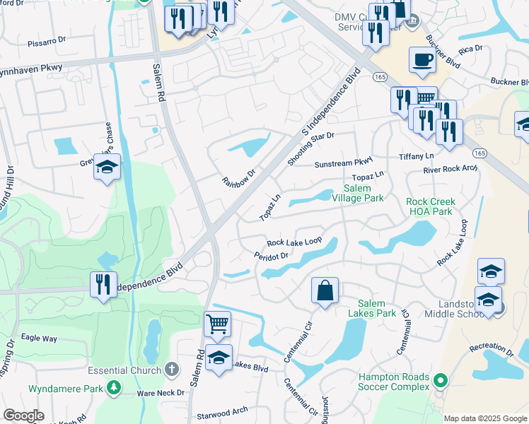 map of restaurants, bars, coffee shops, grocery stores, and more near 3996 Topaz Lane in Virginia Beach