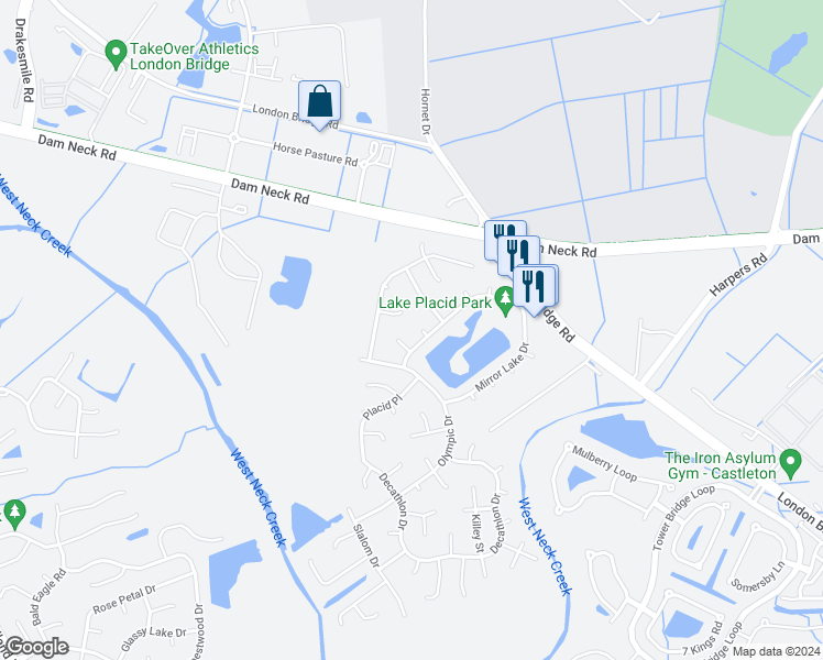 map of restaurants, bars, coffee shops, grocery stores, and more near 1701 Mirror Lake Court in Virginia Beach