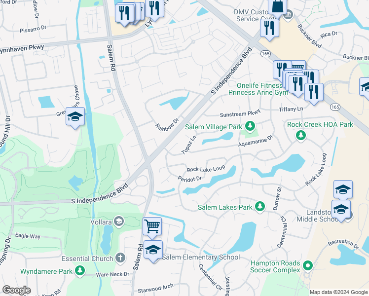 map of restaurants, bars, coffee shops, grocery stores, and more near 3996 Topaz Lane in Virginia Beach