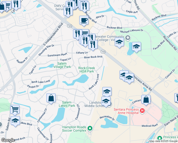 map of restaurants, bars, coffee shops, grocery stores, and more near 2004 White Water Drive in Virginia Beach