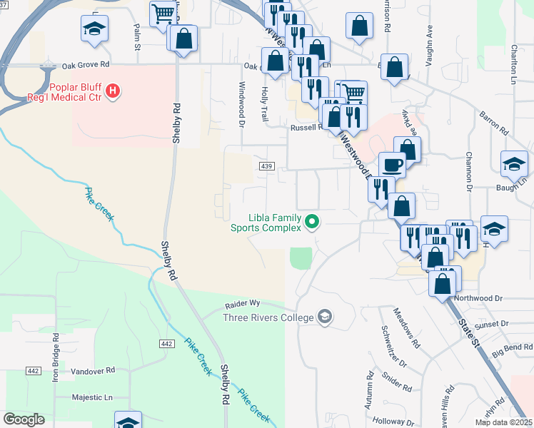 map of restaurants, bars, coffee shops, grocery stores, and more near 2590 Hickman Road in Poplar Bluff