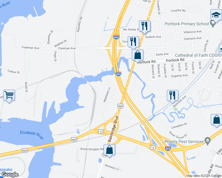 map of restaurants, bars, coffee shops, grocery stores, and more near 607 Muddy Creek Road in Chesapeake
