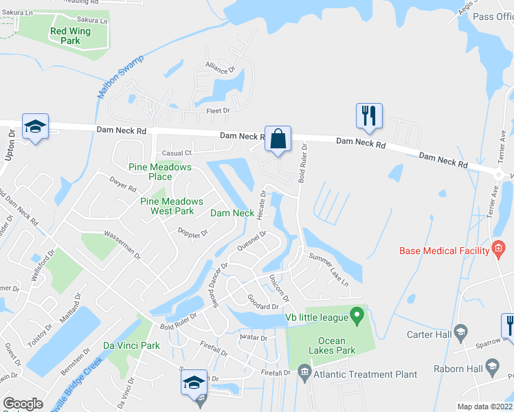 map of restaurants, bars, coffee shops, grocery stores, and more near 736 Hecate Drive in Virginia Beach