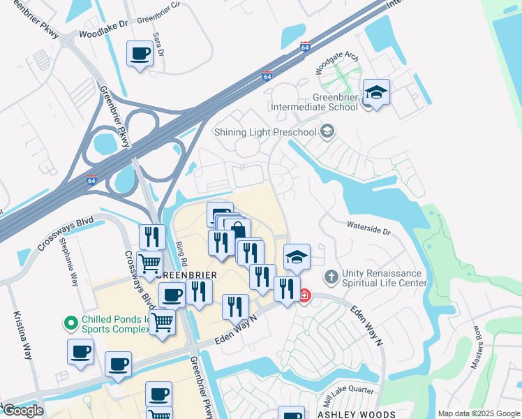 map of restaurants, bars, coffee shops, grocery stores, and more near 1509 Ring Road in Chesapeake