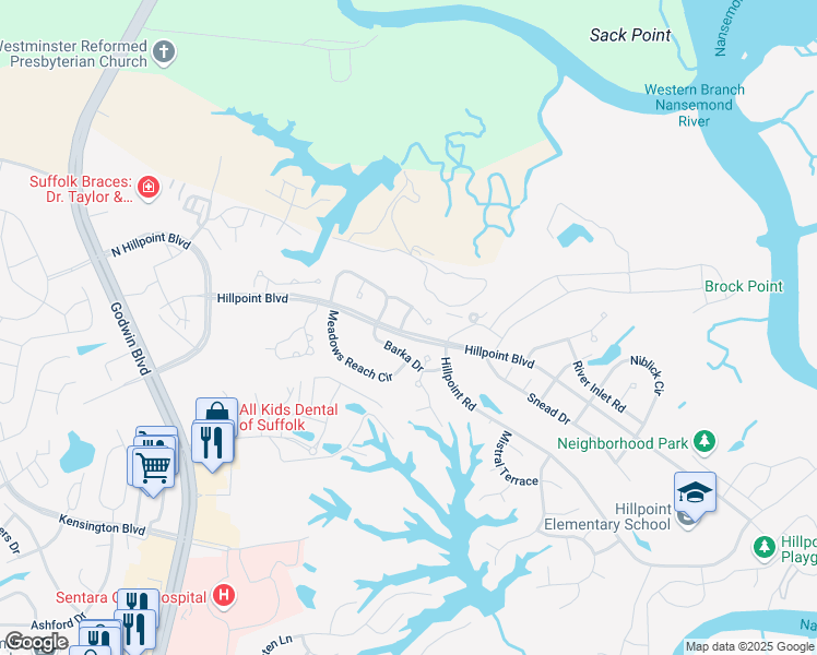 map of restaurants, bars, coffee shops, grocery stores, and more near 1200 Cheriton Lane in Suffolk