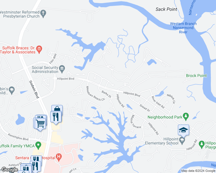 map of restaurants, bars, coffee shops, grocery stores, and more near 1200 Cheriton Lane in Suffolk