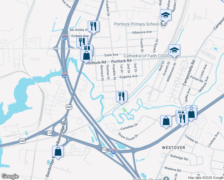 map of restaurants, bars, coffee shops, grocery stores, and more near 1216 Mary Ellen Avenue in Chesapeake