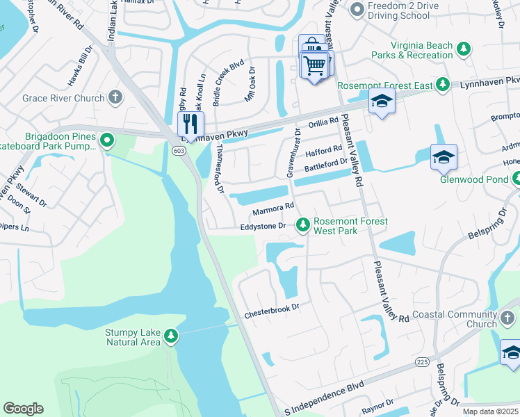 map of restaurants, bars, coffee shops, grocery stores, and more near 1444 Marmora Road in Virginia Beach