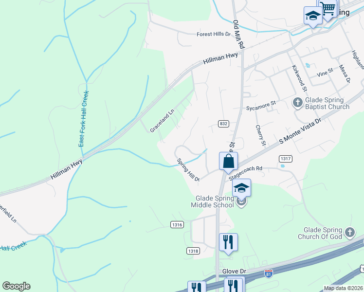 map of restaurants, bars, coffee shops, grocery stores, and more near 33519 Spring Hill Drive in Glade Spring