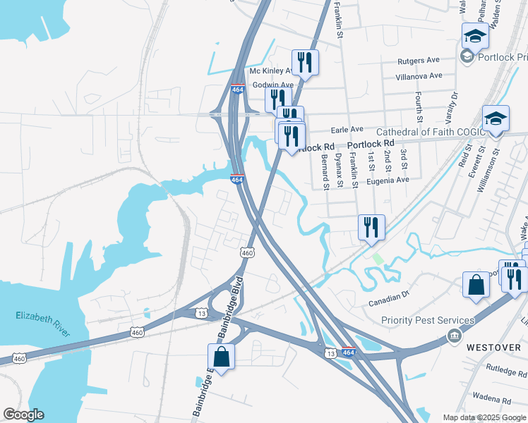 map of restaurants, bars, coffee shops, grocery stores, and more near 4227 Bainbridge Boulevard in Chesapeake