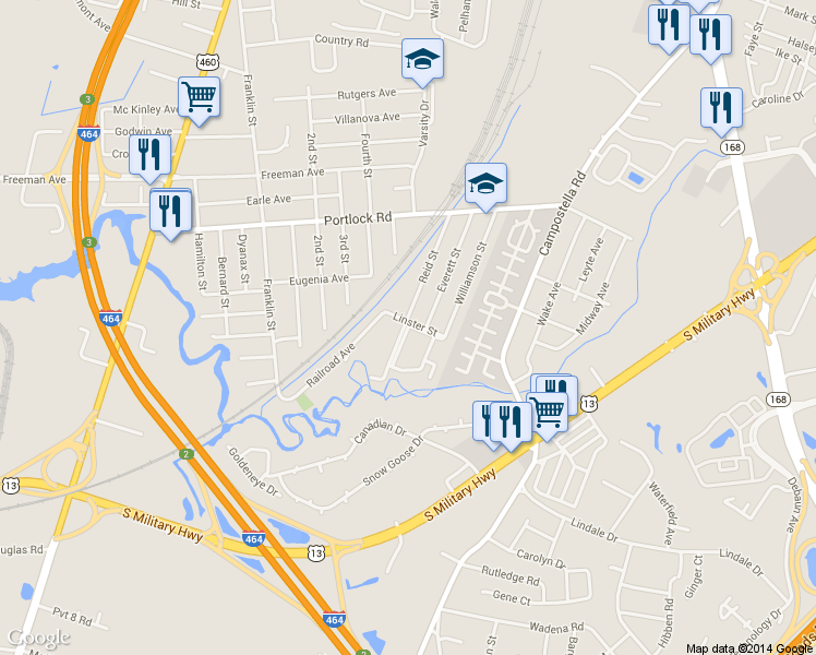 map of restaurants, bars, coffee shops, grocery stores, and more near 2000 Linster Street in Chesapeake