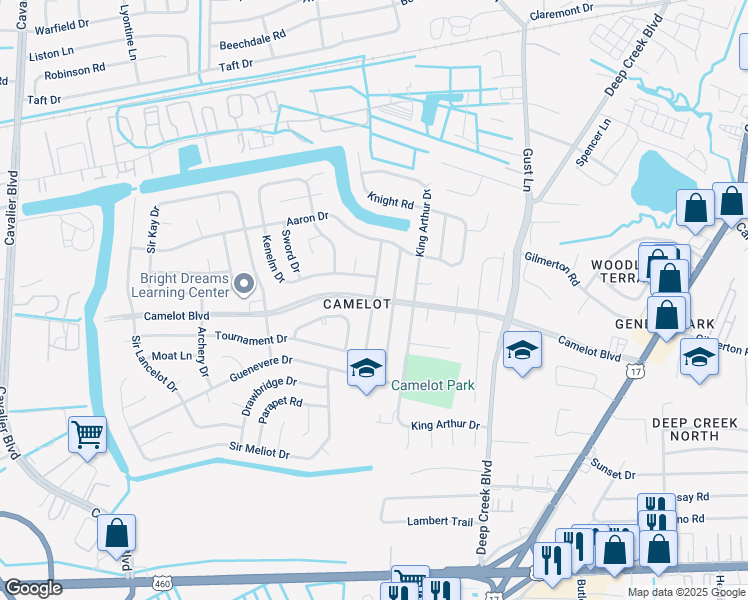 map of restaurants, bars, coffee shops, grocery stores, and more near 1100 Sean Drive in Chesapeake