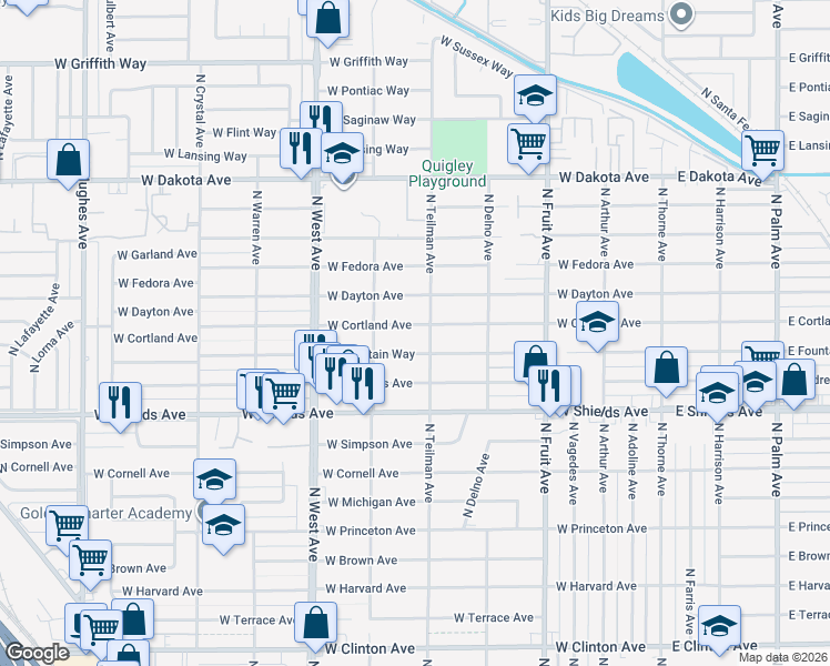 map of restaurants, bars, coffee shops, grocery stores, and more near 946 West Fountain Way in Fresno