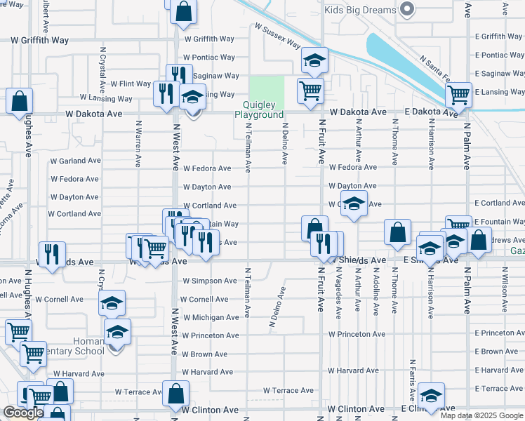 map of restaurants, bars, coffee shops, grocery stores, and more near 826 West Fountain Way in Fresno