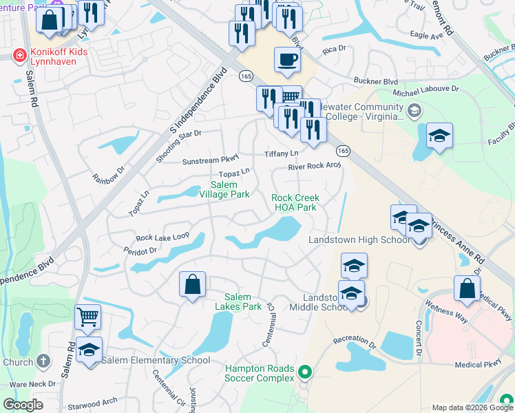 map of restaurants, bars, coffee shops, grocery stores, and more near 2025 Rippling Rock Drive in Virginia Beach