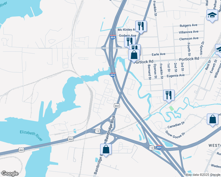 map of restaurants, bars, coffee shops, grocery stores, and more near 623 Muddy Creek Road in Chesapeake