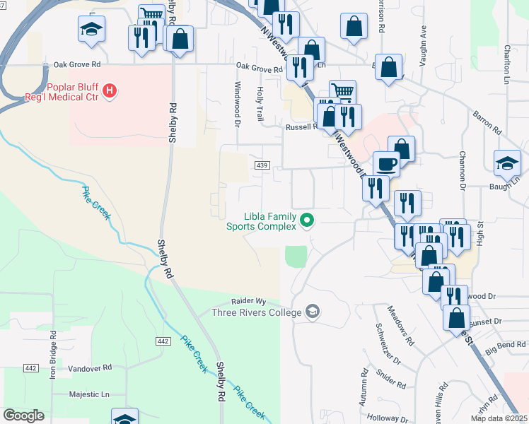 map of restaurants, bars, coffee shops, grocery stores, and more near 2601 Hickman Road in Poplar Bluff