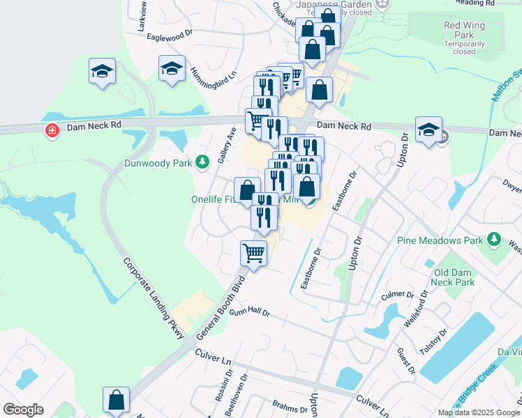 map of restaurants, bars, coffee shops, grocery stores, and more near 1100 Barham Court in Virginia Beach